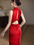 Beth and Brian Qipao-XLY Floral pattern, jacquard satin, red midi Cheongsam