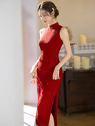 Beth and Brian Qipao-XLY Floral pattern, jacquard satin, red midi Cheongsam