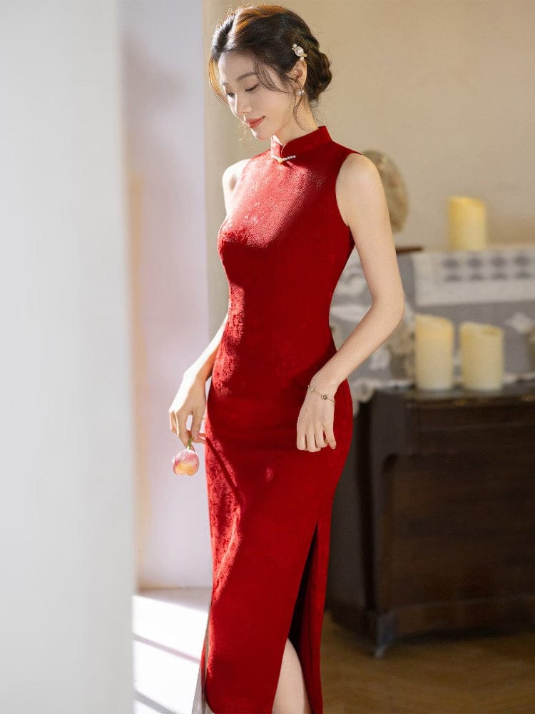 Beth and Brian Qipao-XLY Floral pattern, jacquard satin, red midi Cheongsam