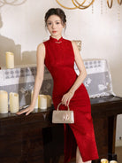 Beth and Brian Qipao-XLY Floral pattern, jacquard satin, red midi Cheongsam