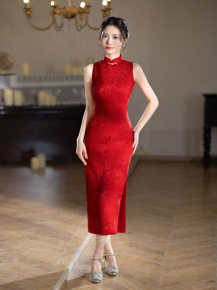 Beth and Brian Qipao-XLY Floral pattern, jacquard satin, red midi Cheongsam