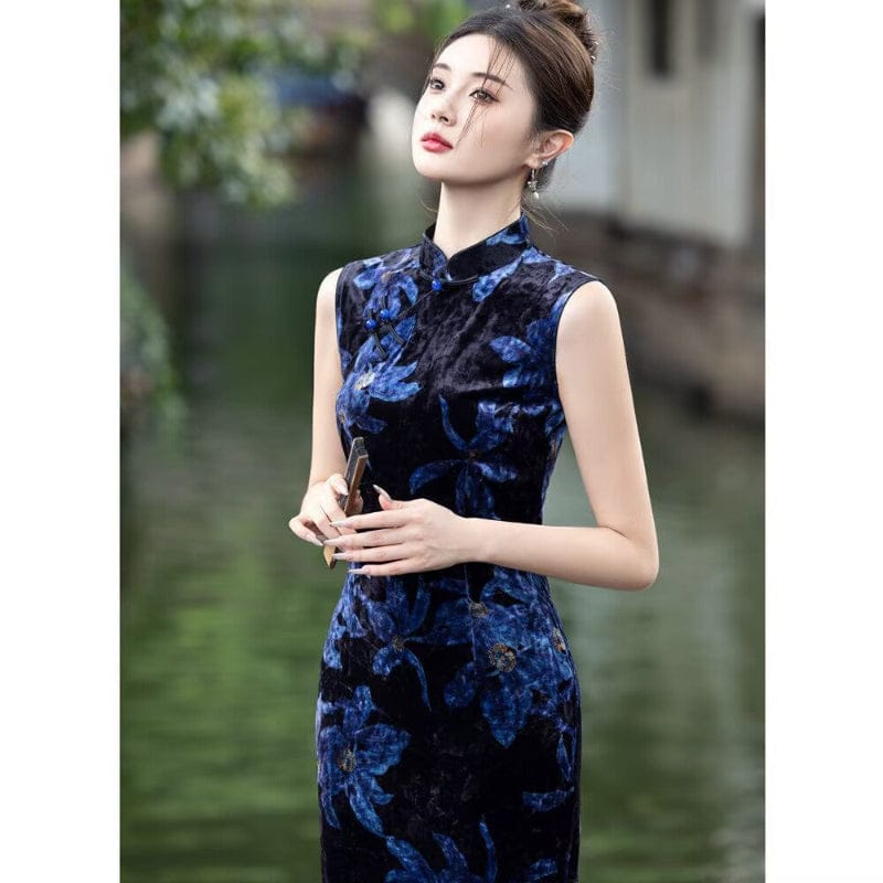 Beth and Brian Qipao-YS Spring collection, floral pattern, velvet long Cheongsam