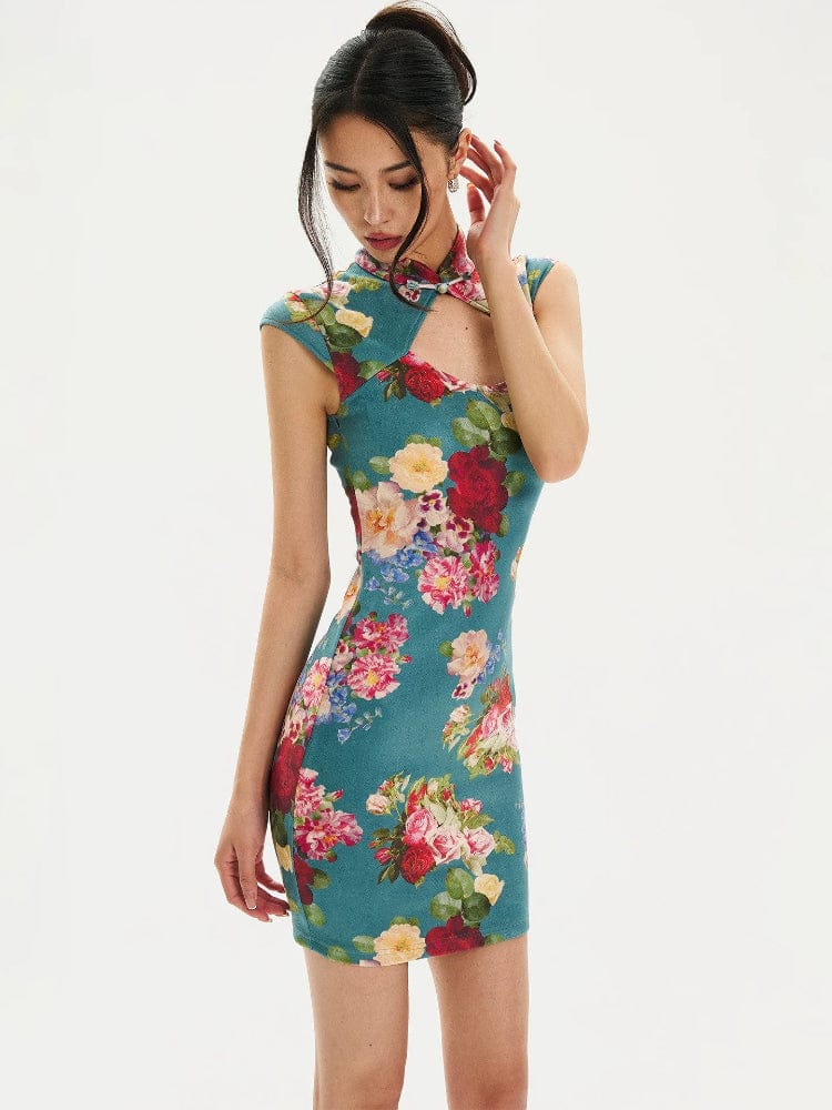 Beth and Brian Qipao-FYW Hollow Out, floral pattern, blue short Cheongsam