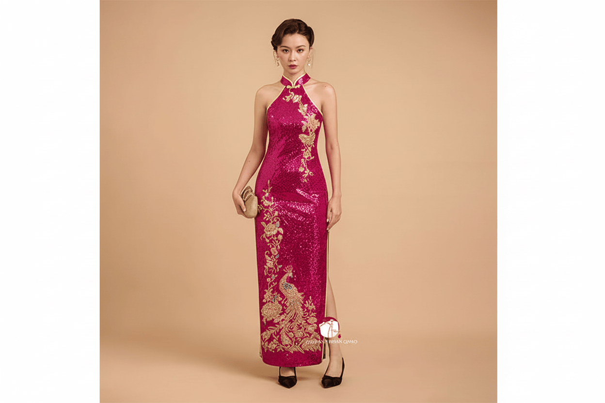 Beth and Brian Qipao-Exclusivedesigner Exclusive designer collection, Peacock embroidery, red sequins long Qipao