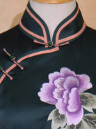 Beth and Brian Qipao-TYM 19 mome mulberry silk, High-end, dark green midi Cheongsam