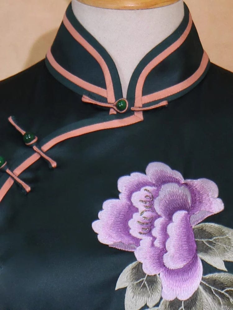 Beth and Brian Qipao-TYM 19 mome mulberry silk, High-end, dark green midi Cheongsam