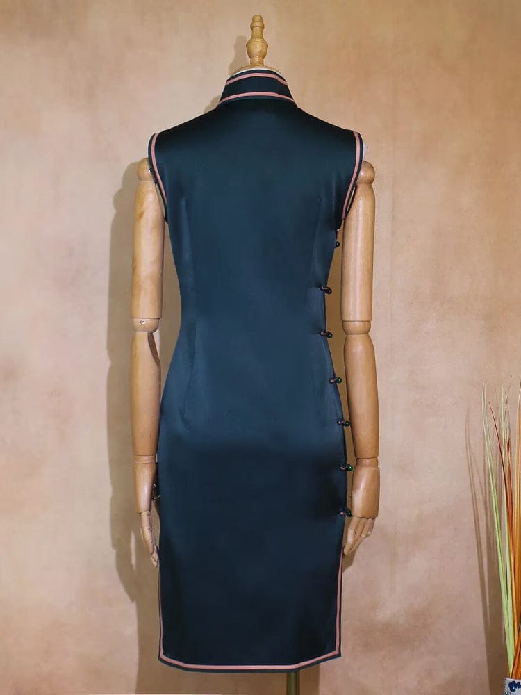 Beth and Brian Qipao-TYM 19 mome mulberry silk, High-end, dark green midi Cheongsam