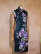 Beth and Brian Qipao-TYM 19 mome mulberry silk, High-end, dark green midi Cheongsam