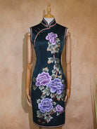 Beth and Brian Qipao-TYM 19 mome mulberry silk, High-end, dark green midi Cheongsam