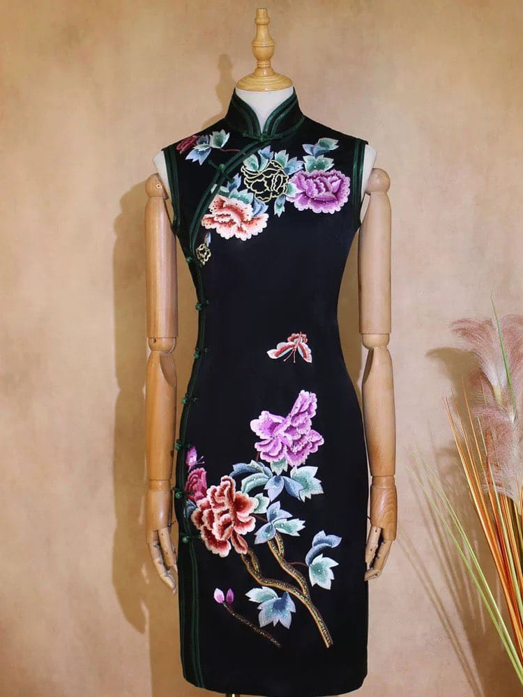 Beth and Brian Qipao-TYM High-end, 19 mome mulberry silk, black midi Cheongsam
