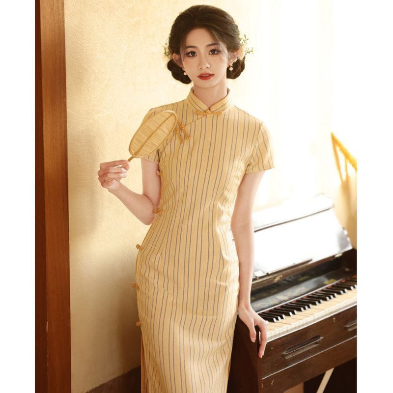 Beth and Brian Qipao-YS Stripe pattern, TR cotton mid-length Cheongsam