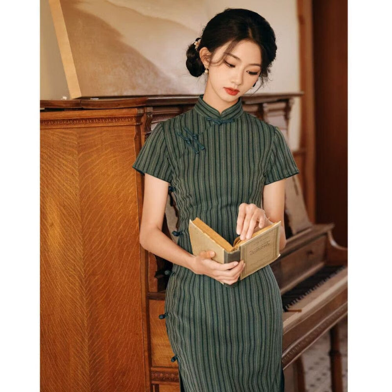 Beth and Brian Qipao-YS Stripe pattern, TR cotton mid-length Cheongsam