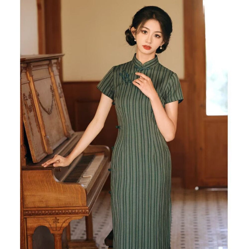 Beth and Brian Qipao-YS Stripe pattern, TR cotton mid-length Cheongsam