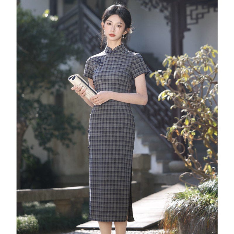 Beth and Brian Qipao-YS Plaid pattern, cotton fabric, coffee&blue midi Cheongsam