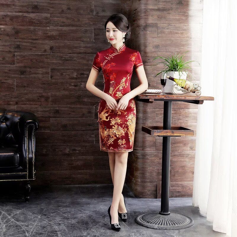 Beth and Brian Qipao-WXG 19 mome mulberry silk, High-end, wine red midi Cheongsam