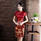 Beth and Brian Qipao-WXG 19 mome mulberry silk, High-end, wine red midi Cheongsam