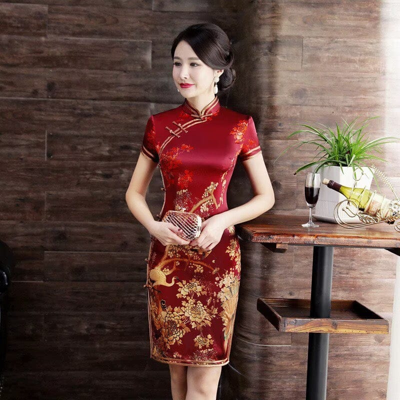 Beth and Brian Qipao-WXG 19 mome mulberry silk, High-end, wine red midi Cheongsam