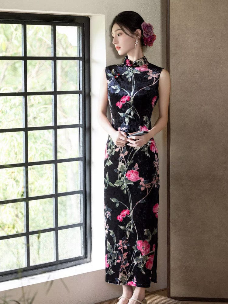Beth and Brian Qipao-YS Lotus pattern, velvet black long Cheongsam