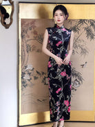 Beth and Brian Qipao-YS Lotus pattern, velvet black long Cheongsam