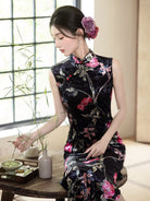 Beth and Brian Qipao-YS Lotus pattern, velvet black long Cheongsam