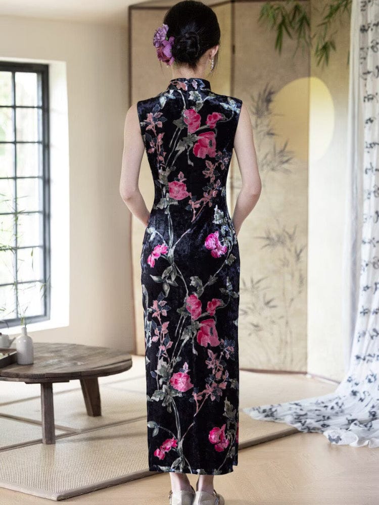 Beth and Brian Qipao-YS Lotus pattern, velvet black long Cheongsam