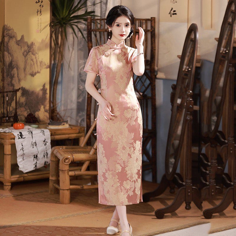 Beth and Brian Qipao-SMQ Jacquard silk, pink&purple long Cheongsam