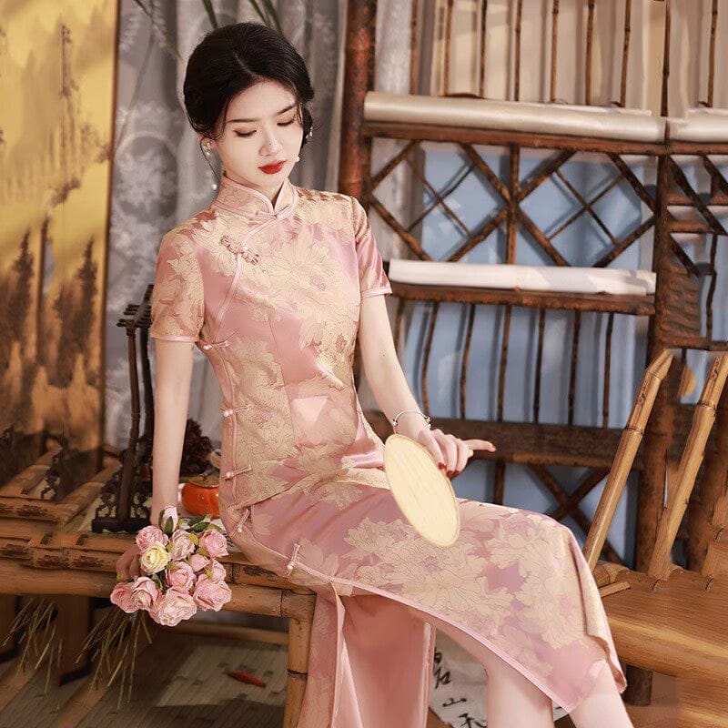 Beth and Brian Qipao-SMQ Jacquard silk, pink&purple long Cheongsam