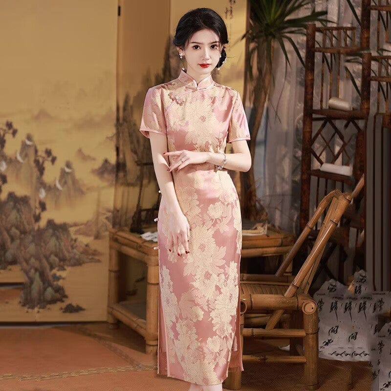 Beth and Brian Qipao-SMQ Jacquard silk, pink&purple long Cheongsam