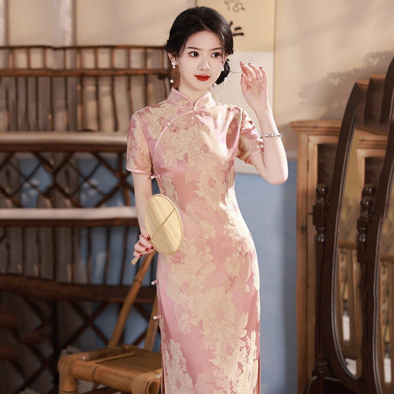 Beth and Brian Qipao-SMQ Jacquard silk, pink&purple long Cheongsam