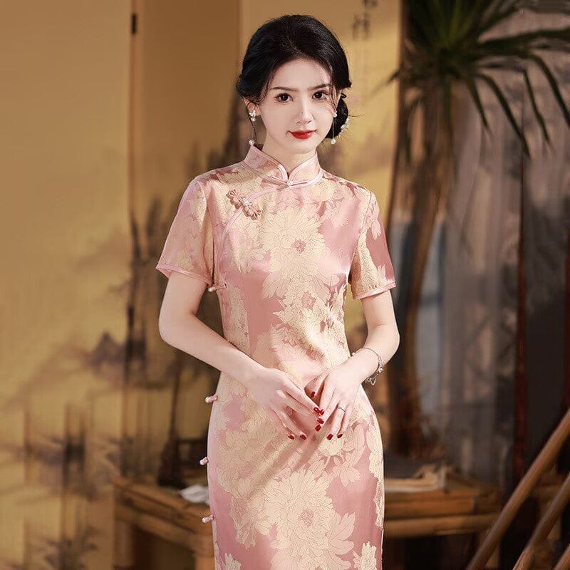 Beth and Brian Qipao-SMQ Jacquard silk, pink&purple long Cheongsam