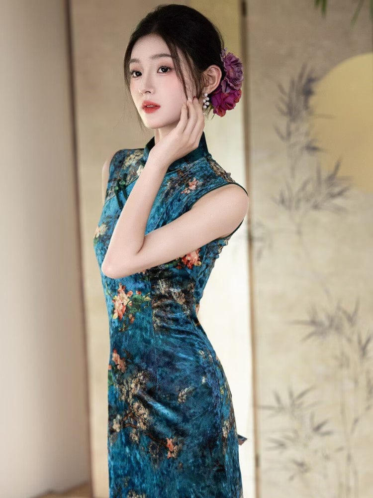 Beth and Brian Qipao-YS Spring collectionn, plum blossom pattern, velvet long Cheongsam