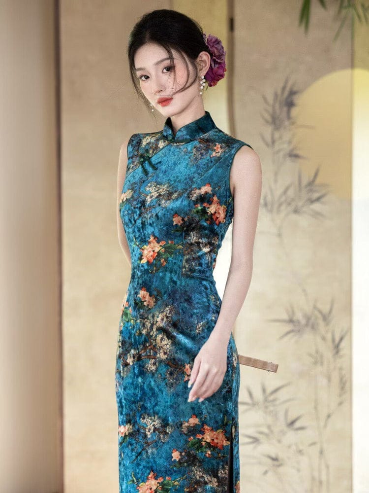 Beth and Brian Qipao-YS Spring collectionn, plum blossom pattern, velvet long Cheongsam