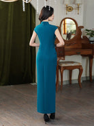 Beth and Brian Qipao-XLY Hong Kong Style, plain blue long Cheongsam