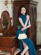 Beth and Brian Qipao-XLY Hong Kong Style, plain blue long Cheongsam