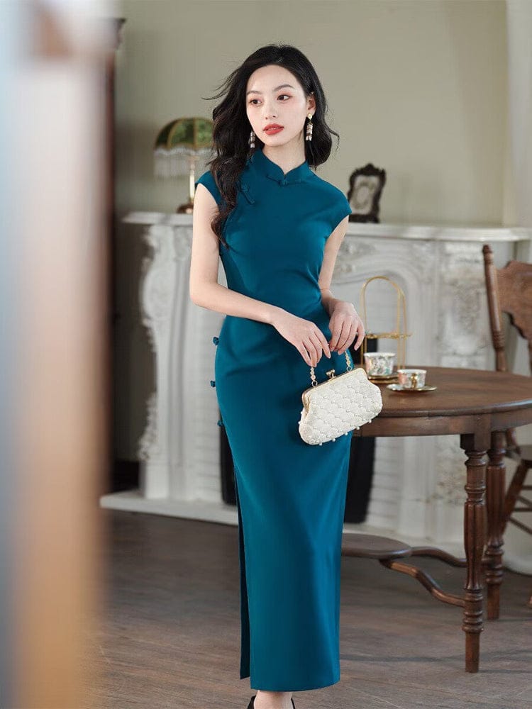 Beth and Brian Qipao-XLY Hong Kong Style, plain blue long Cheongsam