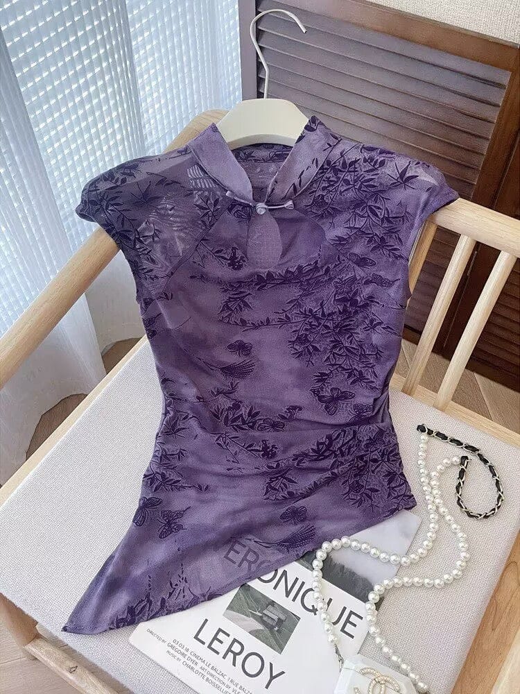 Beth and Brian Qipao-JB New Chinese style (新中式), water drop collar, purple Irregular Qipao Top