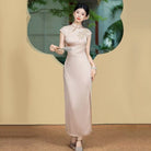Beth and Brian Qipao-SMQ Leaf embroidery, satin champagne long Cheongsam