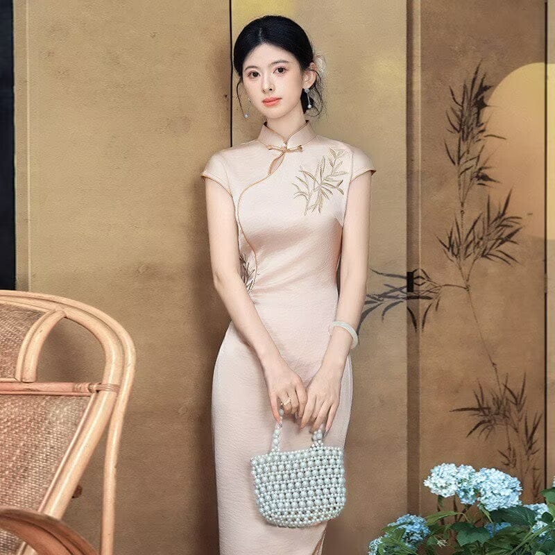 Beth and Brian Qipao-SMQ Leaf embroidery, satin champagne long Cheongsam