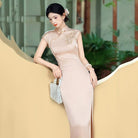Beth and Brian Qipao-SMQ Leaf embroidery, satin champagne long Cheongsam