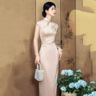 Beth and Brian Qipao-SMQ Leaf embroidery, satin champagne long Cheongsam