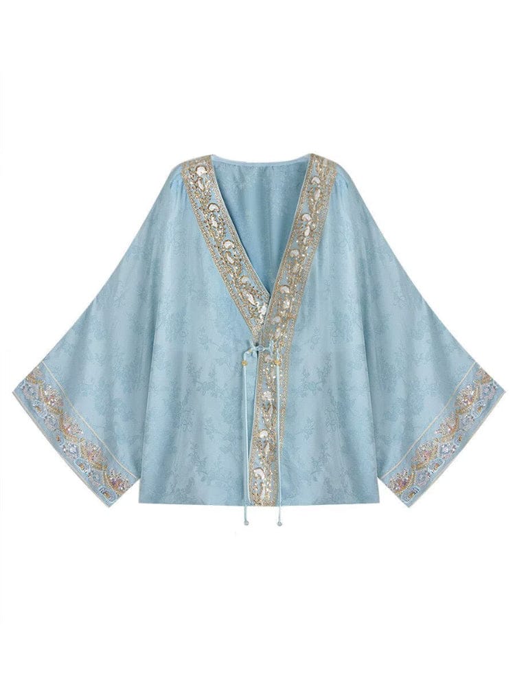 Beth and Brian Qipao-SY Loose-Fitting Qipao Coat, blue Qipao Top with flared sleeves