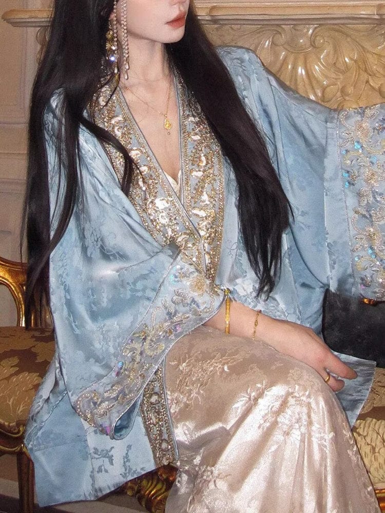 Beth and Brian Qipao-SY Loose-Fitting Qipao Coat, blue Qipao Top with flared sleeves