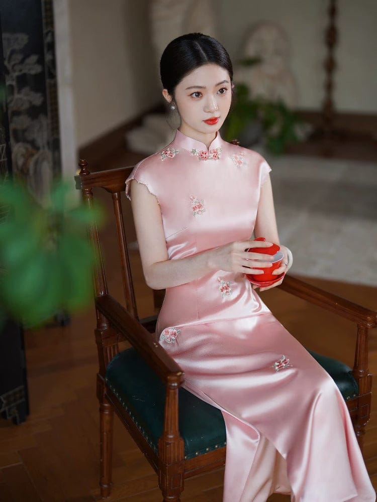 Beth and Brian Qipao-ZXF Floral embroidery, acetate satin high-end long Cheongsam