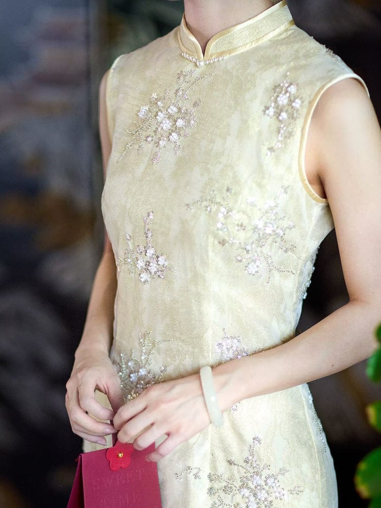 Beth and Brian Qipao-ZXF Qipao for wedding, Beaded Embellished, yellow long Cheongsam
