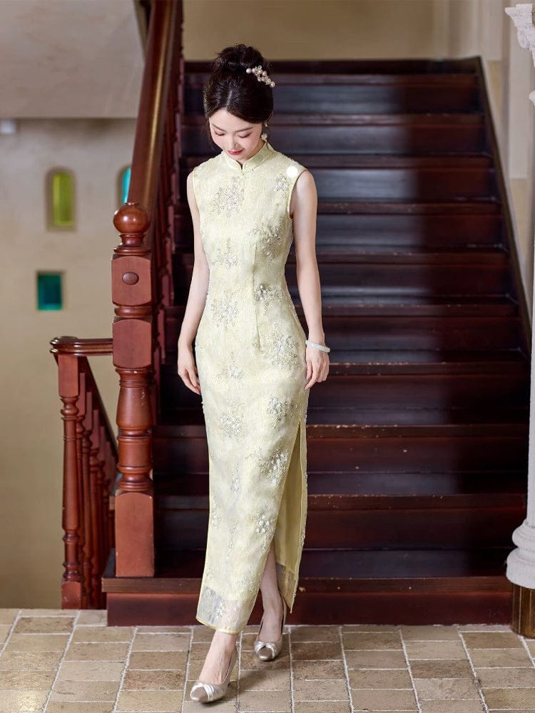 Beth and Brian Qipao-ZXF Qipao for wedding, Beaded Embellished, yellow long Cheongsam