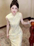 Beth and Brian Qipao-ZXF Qipao for wedding, Beaded Embellished, yellow long Cheongsam