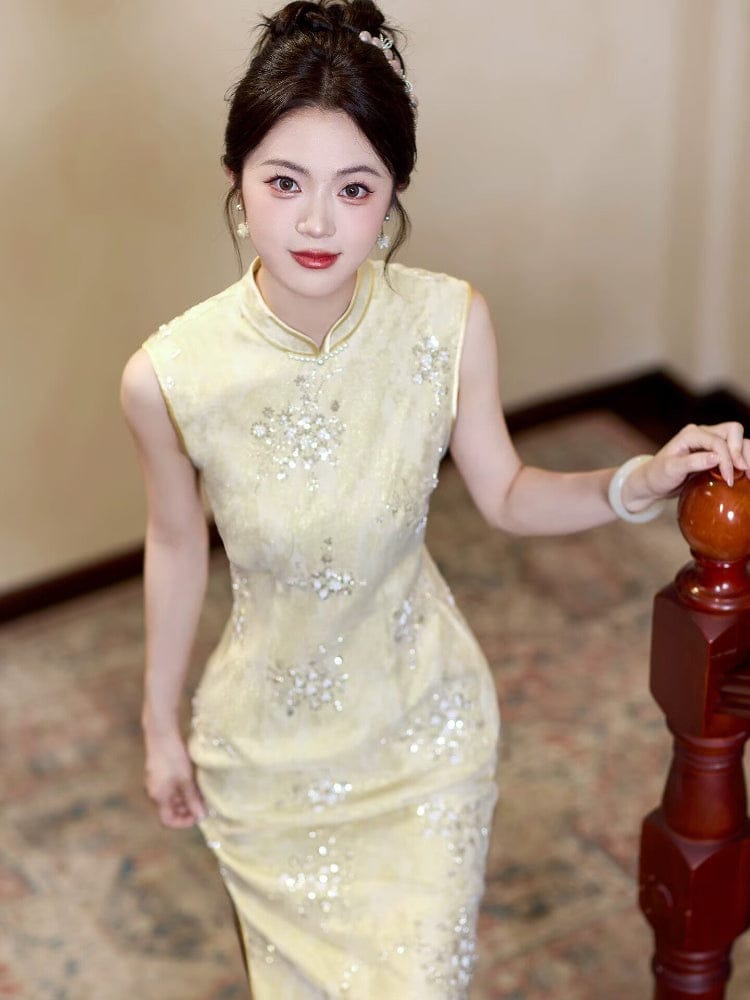 Beth and Brian Qipao-ZXF Qipao for wedding, Beaded Embellished, yellow long Cheongsam