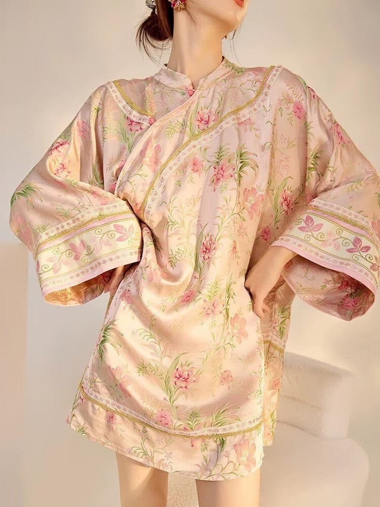 Beth and Brian Qipao-JZ Flared sleeves, floral pattern, loose-fitting pink Qipao coat