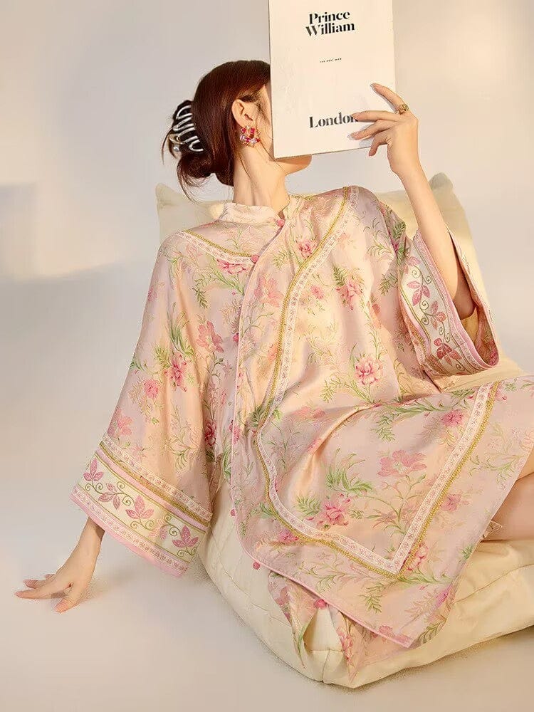 Beth and Brian Qipao-JZ Flared sleeves, floral pattern, loose-fitting pink Qipao coat