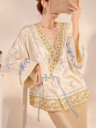Beth and Brian Qipao-JZ Loose-Fitting Qipao Coat, V-neck, champagne Qipao Top with flared sleeves